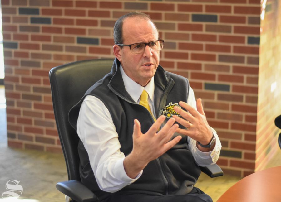 Jay Golden, who will take over as WSUs 14th president in January, answers questions during an interview with The Sunflower on Friday morning. The Kansas Board of Regents named Golden the new president on Thursday after a months-long closed search process. 