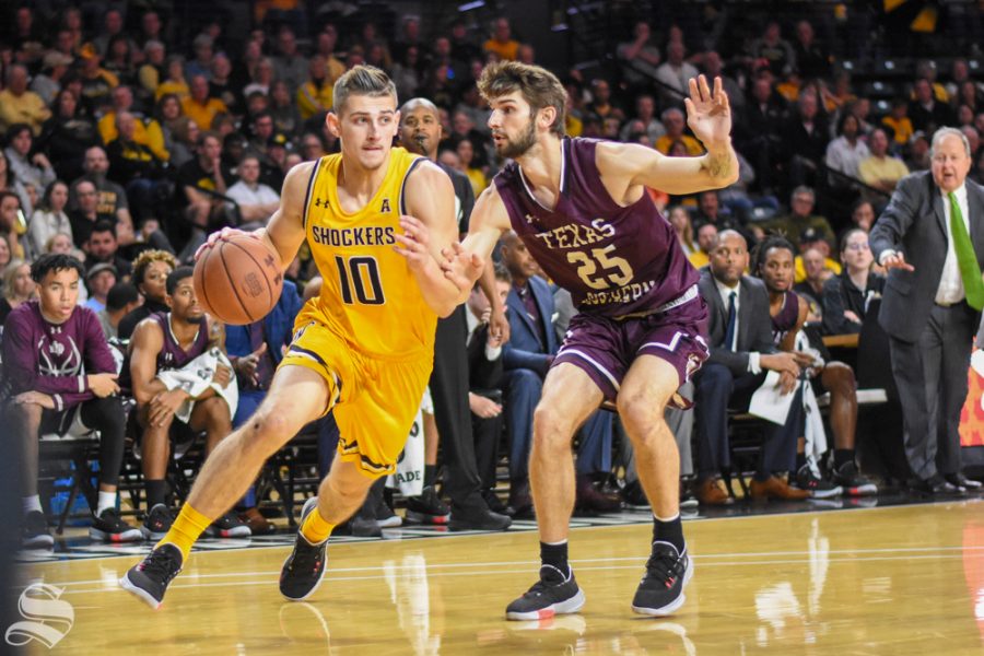 Wichita+State+sophomore+Erik+Stevenson+attacks+the+basket+during+the+game+against+Texas+Southern+on+Saturday%2C+Nov.+9.