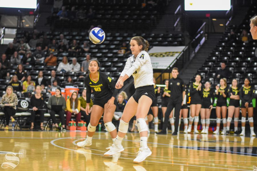 Wichita State senior Kara Brown returns a serve during the game against the University of Memphis on Sunday.