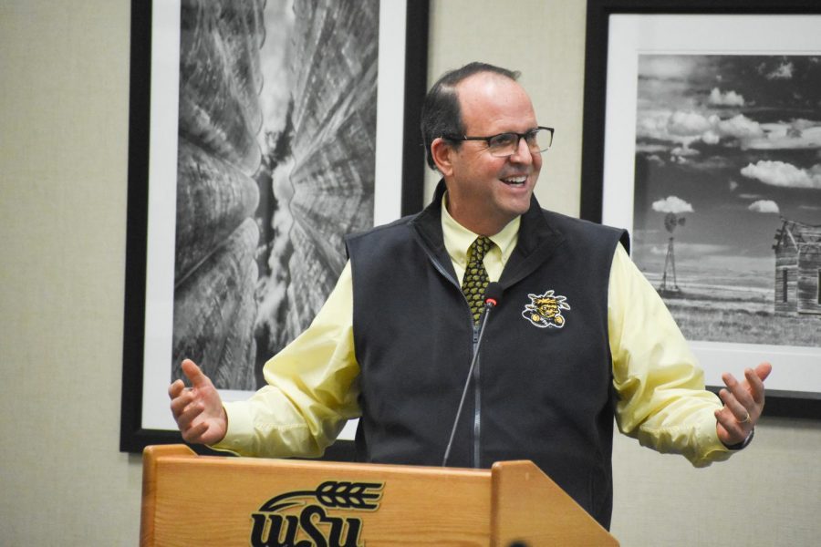 University President Jay Golden, then president-elect, speaks at a Student Government Association meeting in December 2019. 