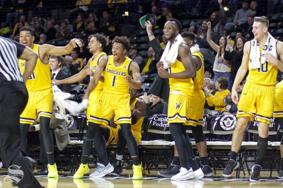 Wichita+State+players+celebrate+after+a+Tate+Busse+layup+late+in+the+second+half+of+the+game+against+Central+Arkansas+on+Thursday+inside+Charles+Koch+Arena.
