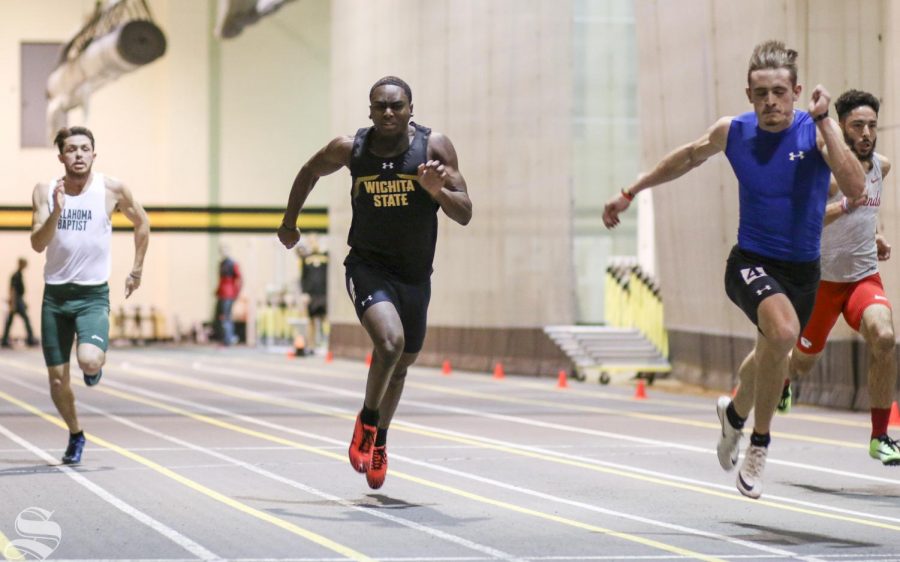 Wichita States Grant Downes competes in the 60 meter dash during the Shocker Multi meet held at the Heskett Center on Wednesday, Dec. 4, 2019.