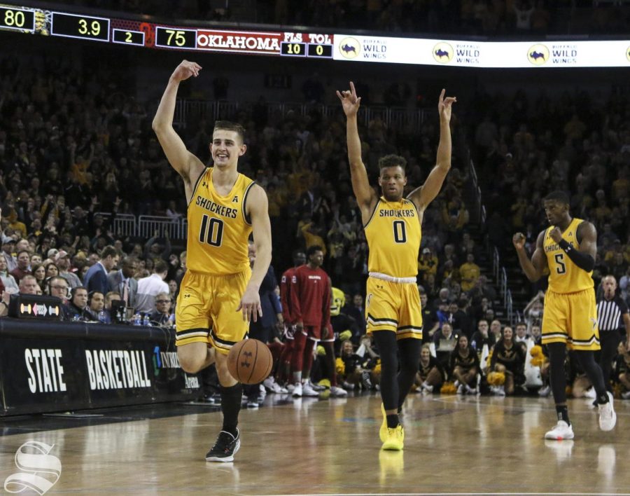 Shockers celebrate after winning against Oklahoma at Intrust Bank Arena Saturday, Dec. 14, 2019.
