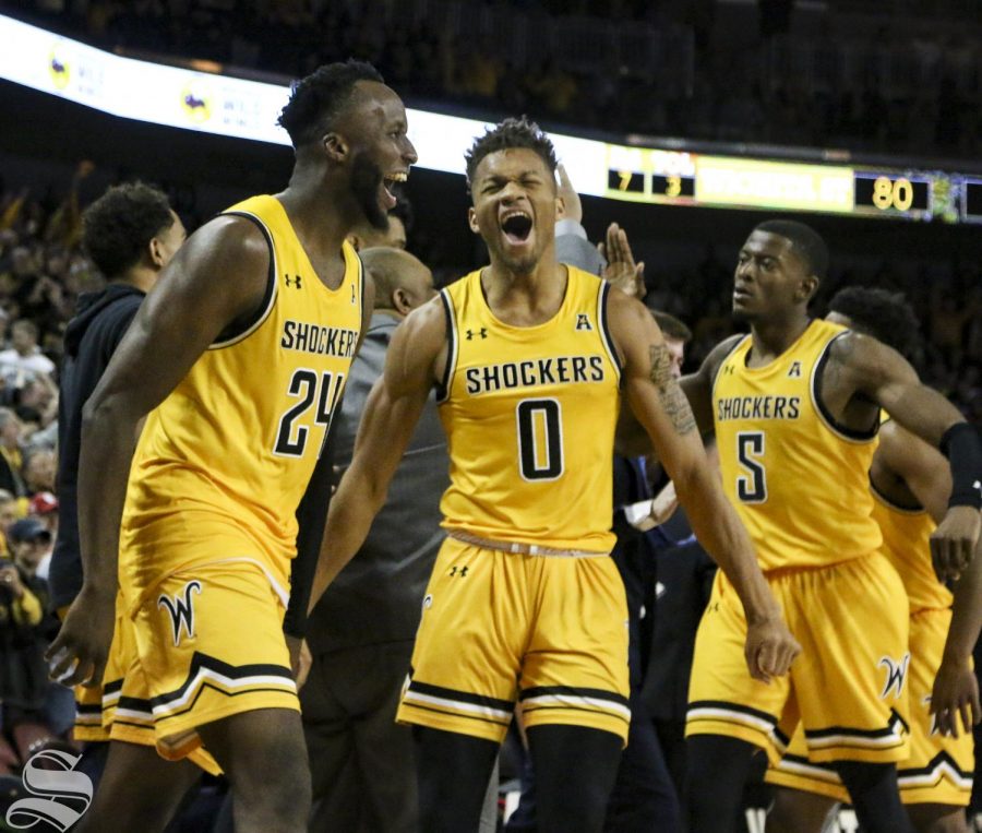 Shockers+celebrate+after+winning+against+Oklahoma+at+Intrust+Bank+Arena+on+Saturday%2C+Dec.+14%2C+2019.
