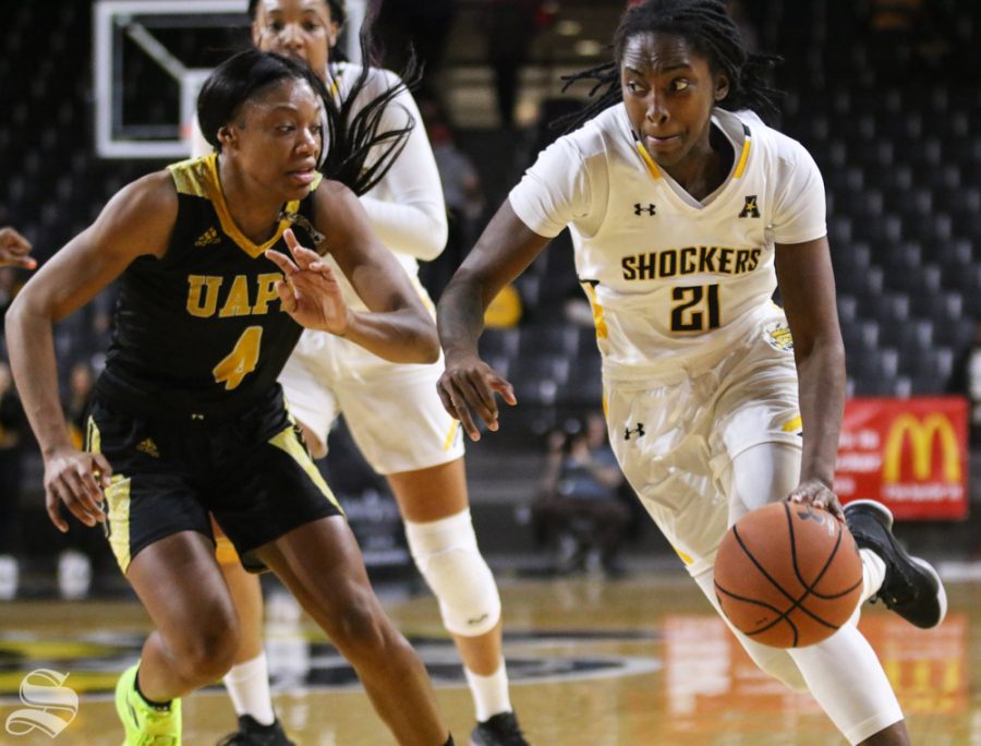 Wichita States Maya Brewer drives the ball down the court during the game against Arkansas Pine-Bluff Monday, Dec. 16, 2019.