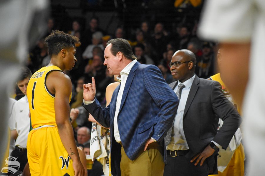 Head Coach Gregg Marshall talks to freshman Tyson Etienne during a timeout of the game against Abilene Christian on Sunday.