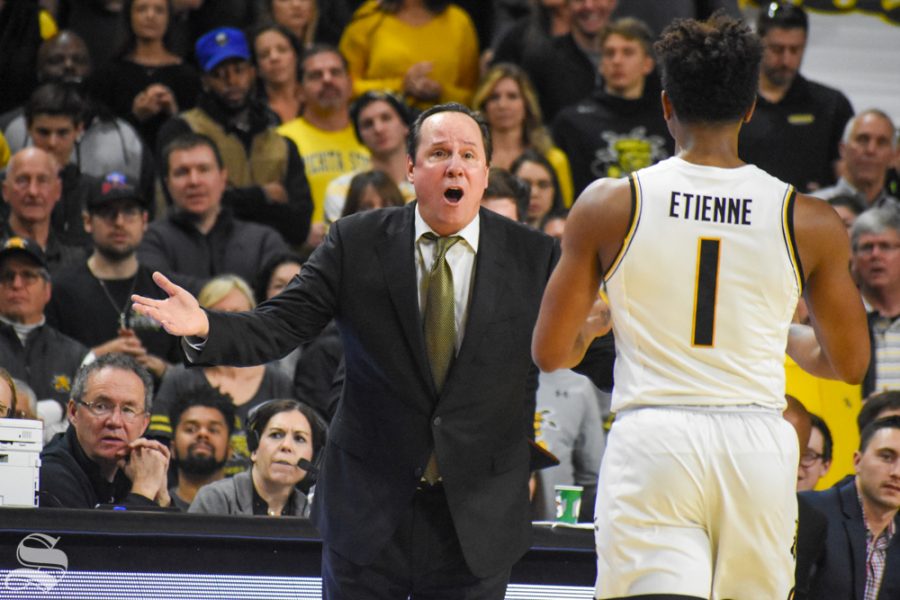 Head Coach Gregg Marshall speaks to freshman Tyson Etienne during the second half of the game against VCU on Saturday.