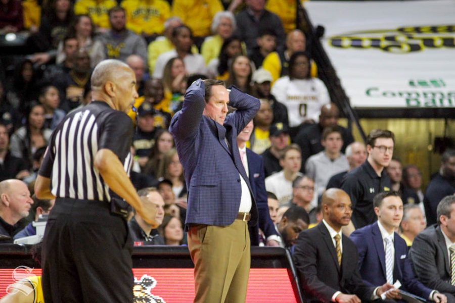 Wichita State head coach Gregg Marshall reacts to a foul call during the game against Houston on Saturday inside Charles Koch Arena.
