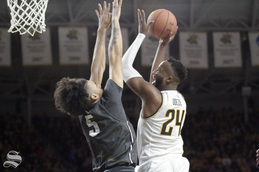 Wichita State sophomore Morris Udeze goes up for a shot during the first half of the game against Central Florida on Jan. 25 inside Charles Koch Arena.