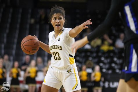 Wichita States Seraphine Bastin calls a play during the game against Tulsa at Charles Koch Arena on Wednesday, Jan. 15, 2019. 