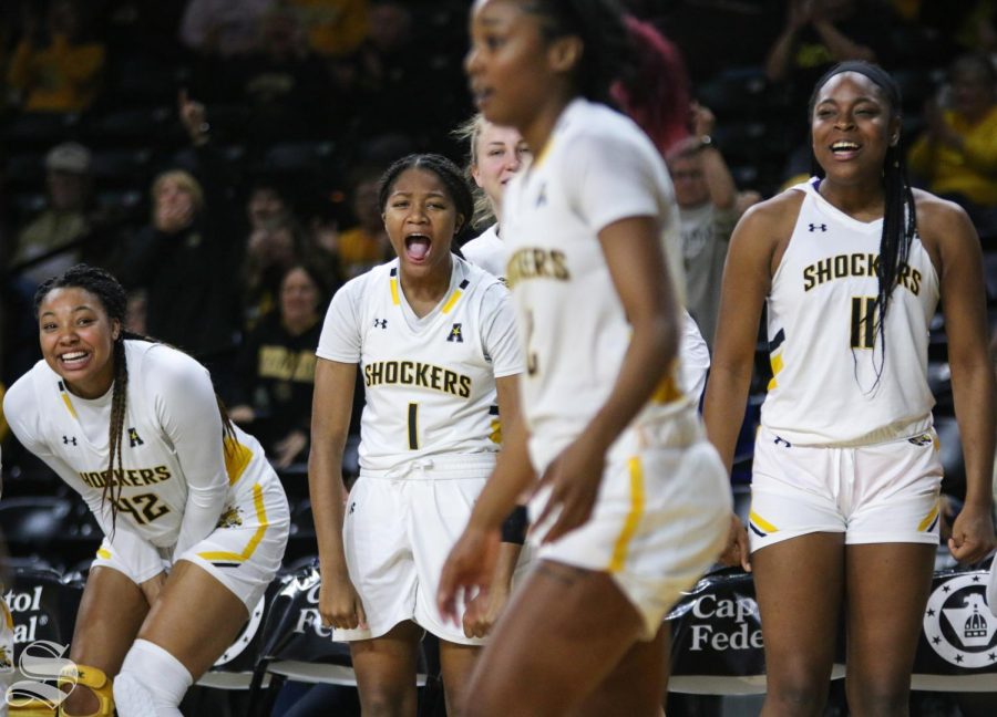 Wichita State bench celebrates after Mariah McCully is fouled during the game against Tulsa at Charles Koch Arena on Wednesday, Jan. 15, 2019. 