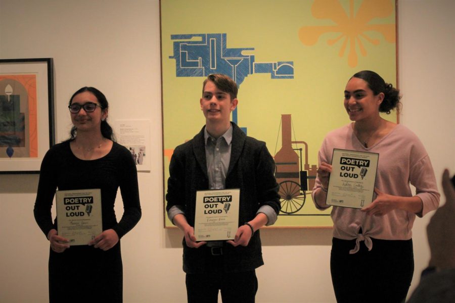 Wichita+State+students+Manasvi+Ganti%2C+Finnegan+Frock%2C+and+Ashton+Conley+stand+with+their+awards+during+the+Poetry+Out+Loud+event+on+Saturday%2C+Feb.+15.+Conley+received+first+place%2C+Ganti+placed+second%2C+and+Frock+received+honorable+mention.
