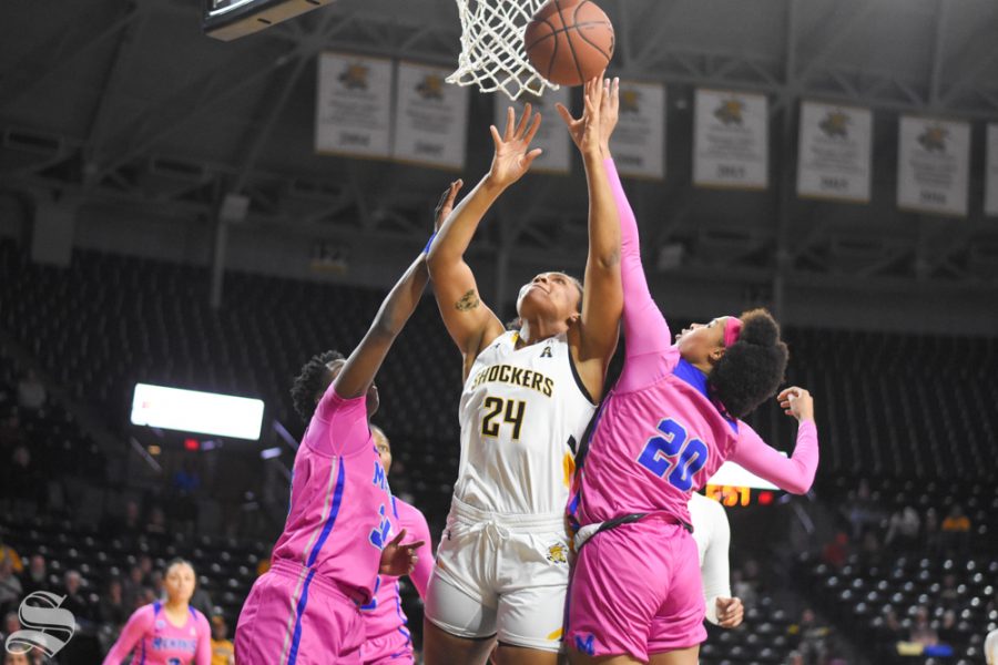 Wichita State sophomore Trajata Colbert goes up for a layup during the game against the Memphis Tigers on Wednesday.