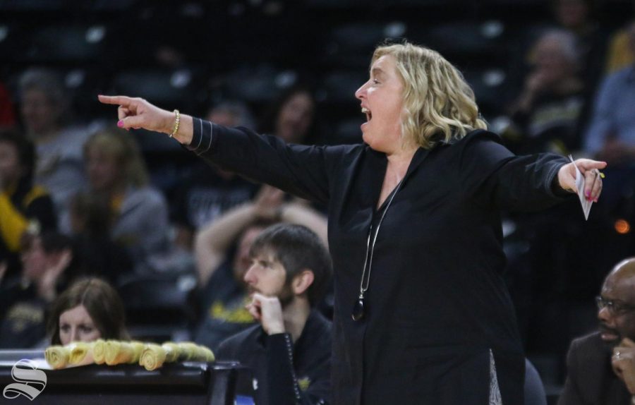 Wichita State head coach Keitha Adams calls a play during the game against Southern Methodist at Charles Koch Arena on Wednesday, Feb. 19, 2020.