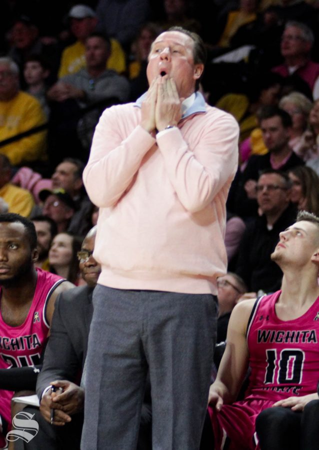 Wichita State head coach Gregg Marshall reacts to a foul call during the second half of the game against USF on Feb. 20 inside Charles Koch Arena.