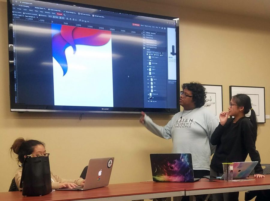 Richy Thach (left) and Tudsaley Vongsena (right) present the beginnings of a new design for the pageant’s sponsorship packet to the rest of the TLC committee.