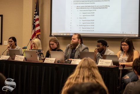 Vice President Michael Bearth oversees debate on a proposed 1.5% student fees increase. The bill ultimately failed and will be sent back to the student fees committee.