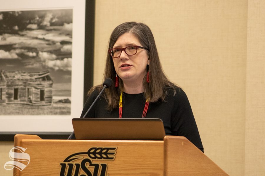Sarah Deer from the University of Kansas speaks about sexual assault and sexual violence within the native american community in the Rhatigan Student Center Friday March 15.