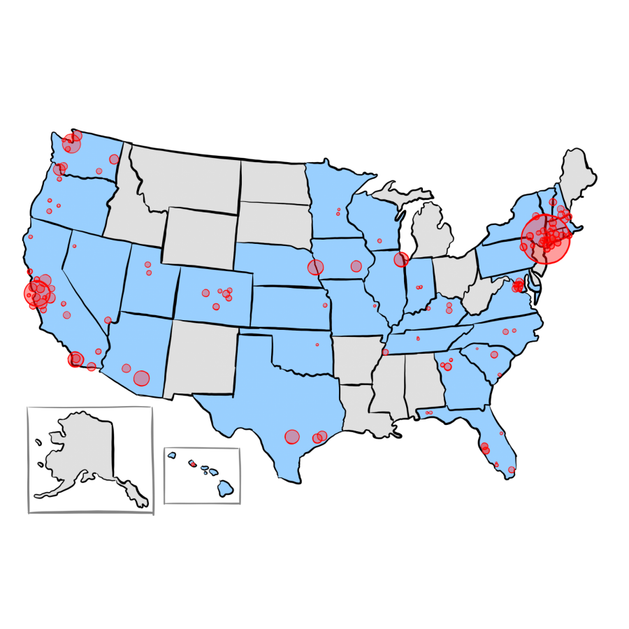 COVED-19 cases in the U.S., as of March 8.