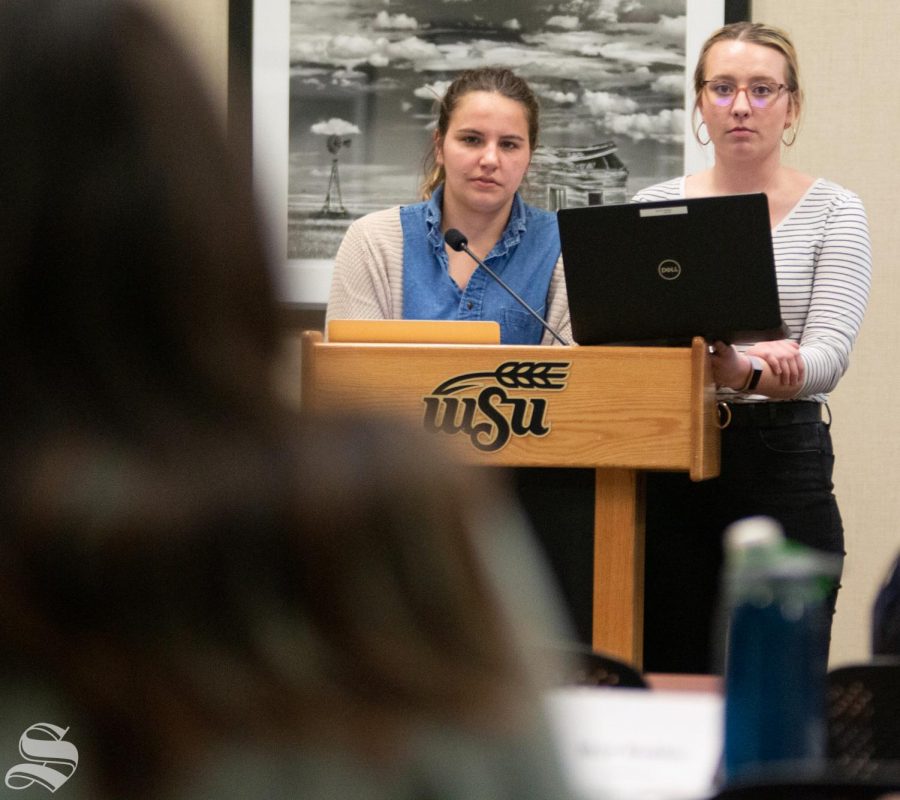 SGA Treasurer Colleen Hand Ostermann and Student Body President Kitrina Miller listen to a question from At-Large Senator Vanessa Teran about the proposed student fees budget during the SGA meeting on Wednesday, March 4, 2020.