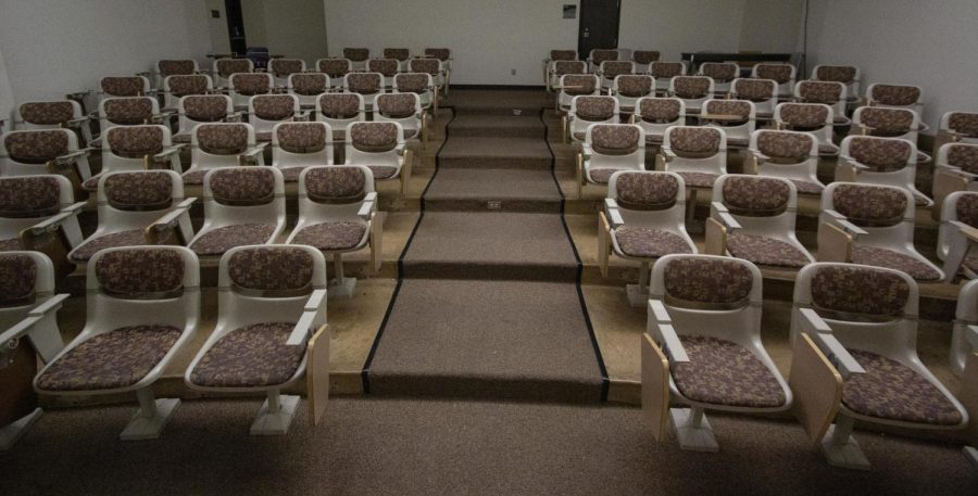Empty lecture hall within the McKnight Art Center on Monday, March 23, 2020.
