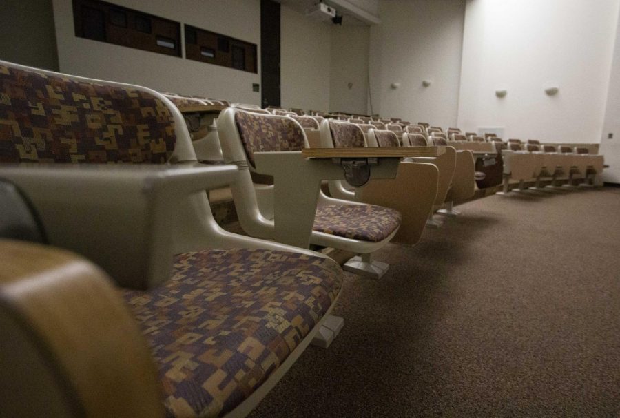 Empty lecture hall within the McKnight Art Center on Monday, March 23, 2020.