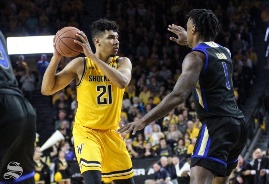 Wichita State senior Jaime Echenique looks to pass the ball during the second half of the game against Tulsa on March 8 inside Charles Koch Arena.