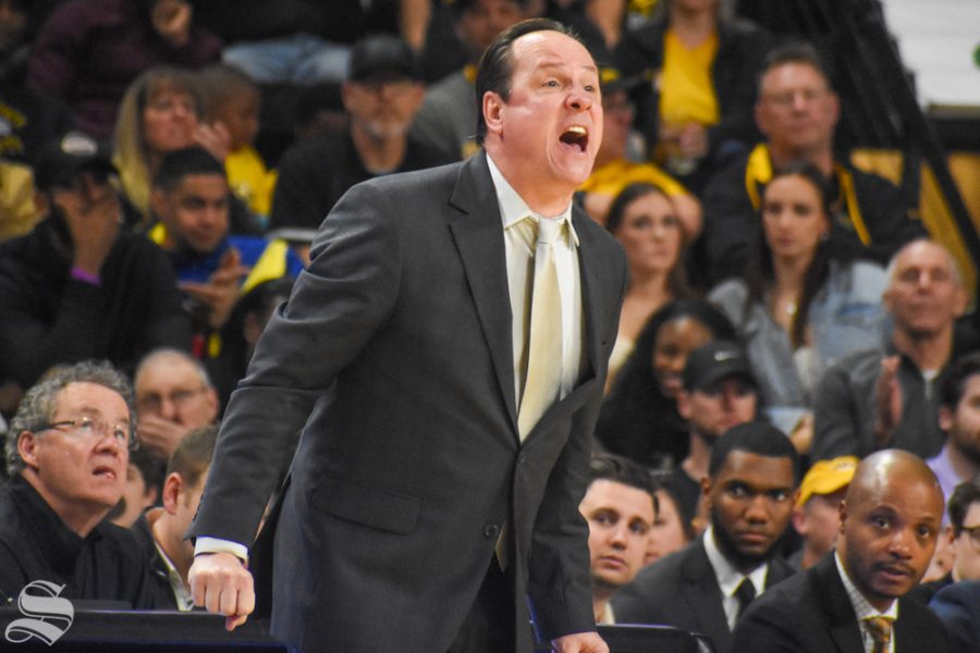 Head Coach Gregg Marshall yells to his team during the second half of the game against Tulsa at Charles Koch Arena.