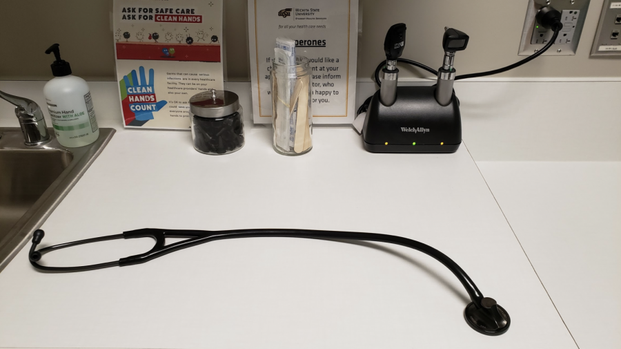 A stethoscope sits on the counter at the WSU Student Wellness Center, located inside the Steve Clark YMCA.