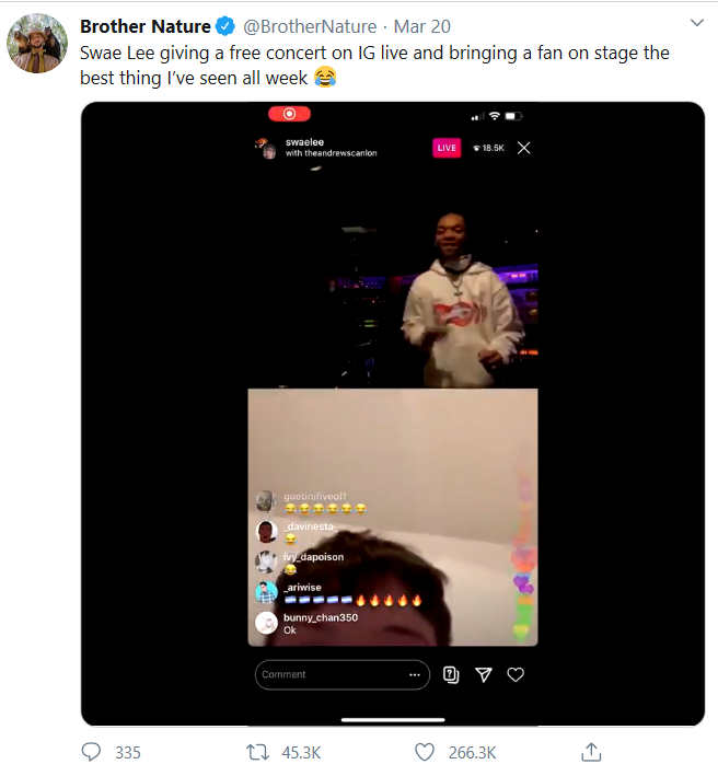 Screenshot of a tweet of rapper Swae Lee giving a free livestream concert on Instagram.