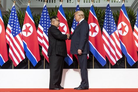 President Trump greets North Korean head-of-state Kim Jong-un. 