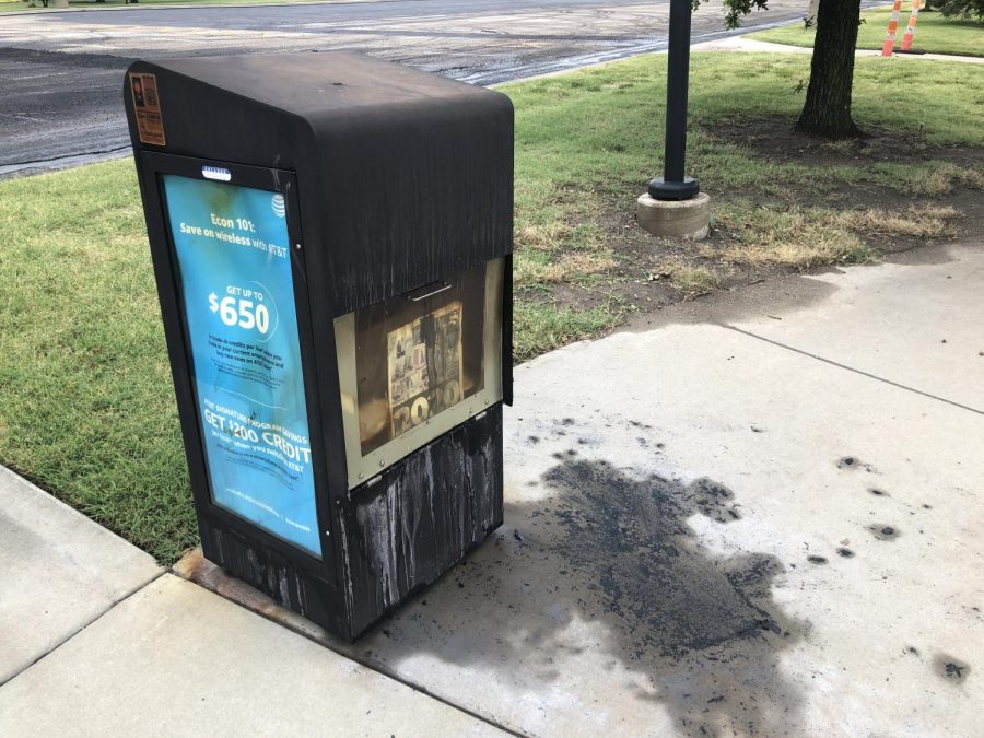 Police responded Friday afternoon to an arson inside The Sunflowers newsstand at the Duerksen Fine Arts Center bus stop. Anyone with information about the crime or the suspect can contact WSUPD at (316) 978-3450 or police@wichita.edu.