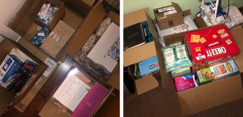 These two images show some of the supplies that a group of local college students collected for the homeless community in Wichita. The supplies include basic needs like water, food and hygiene products.