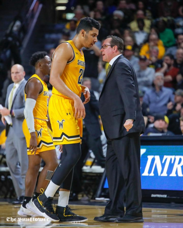 Head Coach Gregg marshall yells at junior Jaime Echenique during their game against UCF on Jan. 16, 2019 at Charles Koch Arena.