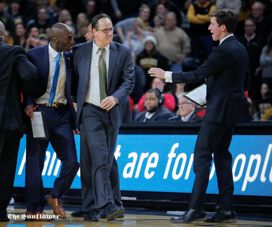 Wichita State coach Gregg Marshall is walked away from the refs during the game on Jan. 19, 2019 at Charles Koch Arena. (Photo by Joseph Barringhaus/The Sunflower).