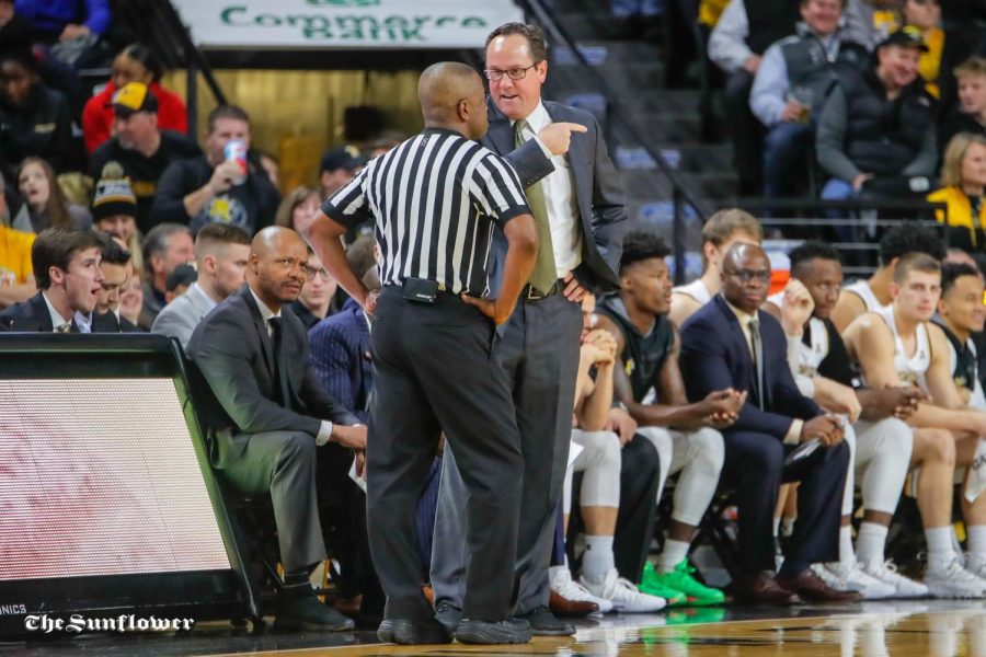 Gregg Marshall gives the ref a piece of his mind during the game against Cincinnati on Jan. 19, 2019 at Charles Koch Arena. (Photo by Joseph Barringhaus/The Sunflower).