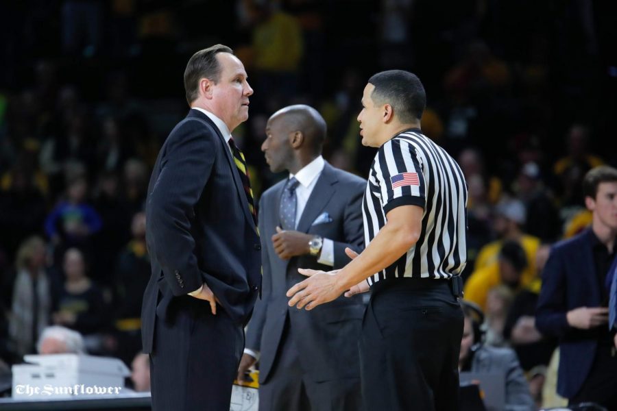 Coach Gregg Marshall speaks to the ref after the refs make a bad call, later reversed, during the game on Jan. 30, 2019 at Charles Koch Arena.