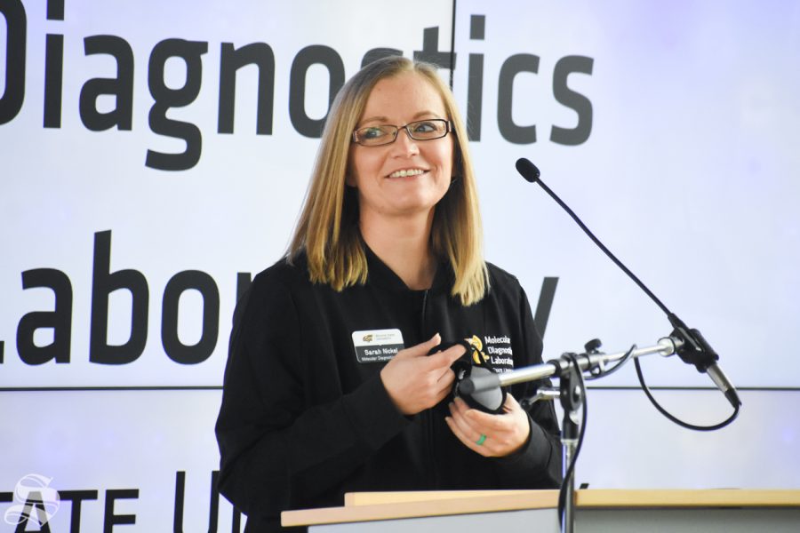 Sarah Nickel, Assistant Professor in the Medical Laboratory Sciences at Wichita State University, speaks about the new Molecular Diagnostics Lab on Monday inside the John Bardo Center.