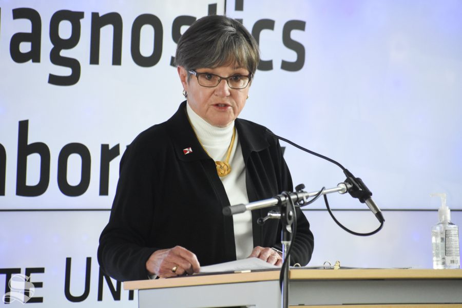 Laura Kelly, Governor of Kansas, speaks during the opening announcement of the new Molecular Diagnostics Lab at Wichita State on Monday, Oct. 19 inside the John Bardo Center. 