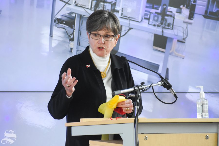 Laura Kelly, Governor of Kansas, speaks during the opening announcement of the new Molecular Diagnostics Lab at Wichita State on Monday, Oct. 19 inside the John Bardo Center. 