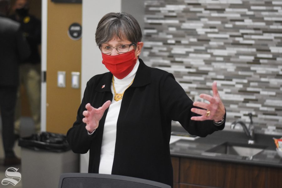 Governor of Kansas Laura Kelly answers questions during an interview with The Sunflower on Monday, Oct. 19. Kelly came to Wichita States campus to speak at the opening of the new Molecular Diagnostics Lab in the John Bardo Center. 