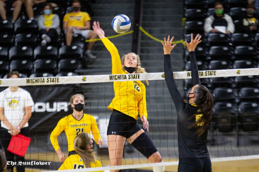 Wichita State sophomore Lauren McMahon goes up for a spike during the Black vs. Yellow scrimmage on Oct.1, 2020 inside Charles Koch Arena.