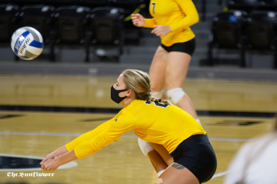 Wichita State redshirt junior Megan Taflinger digs the ball during the Black vs. Yellow scrimmage on Oct.1 at Koch Arena.