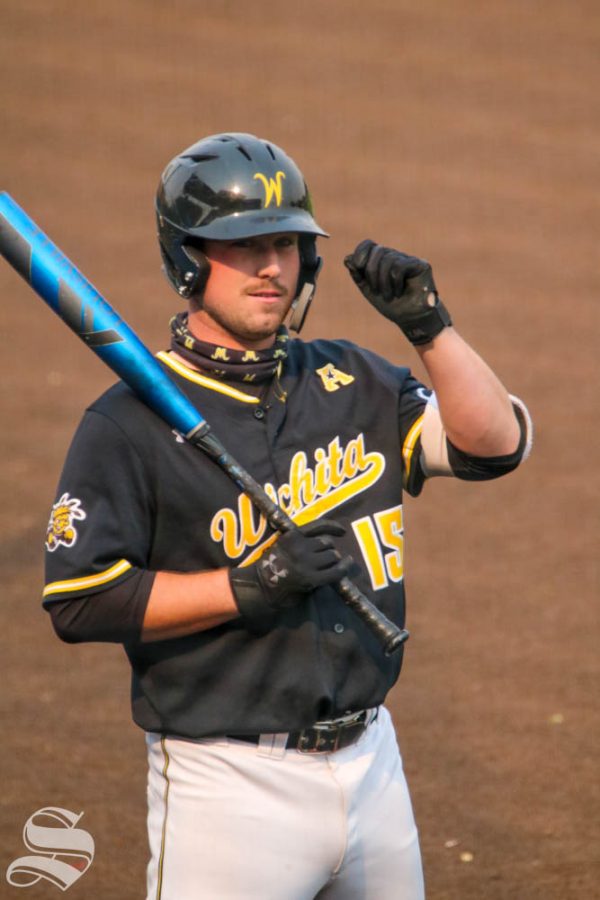 Wichita State junior, Paxton Wallace gets ready to bat during a scrimmage at Eck Stadium on Oct 17.