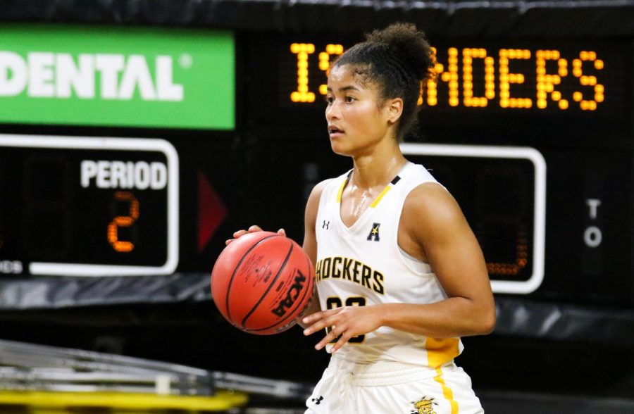 Wichita State junior, Seraphine Bastin runs across the court during a basketball game at Charles Koch Arena on Nov. 27.