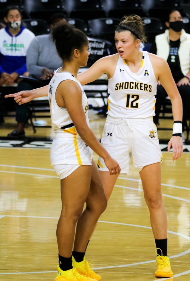 Wichita State junior,  Carla Bremaud talks to her teammate during a basketball game at Charles Koch Arena on Nov. 27.