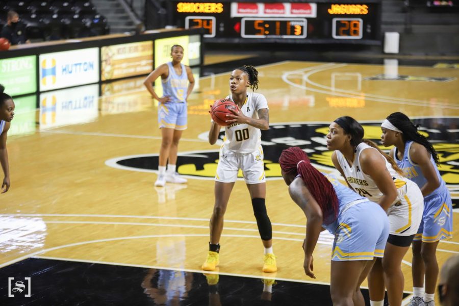 Wichita State junior Asia Strong gets set to shoot a free-throw during the game against Southern on Dec. 4 at Koch Area.