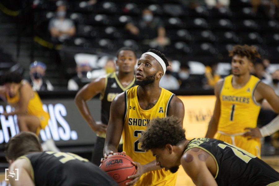 Wichita+State+junior+Morris+Udeze+looks+to+shoot+a+free-throw+during+the+game+against+ESU+at+Charles+Koch+Arena+on+Dec.+18.