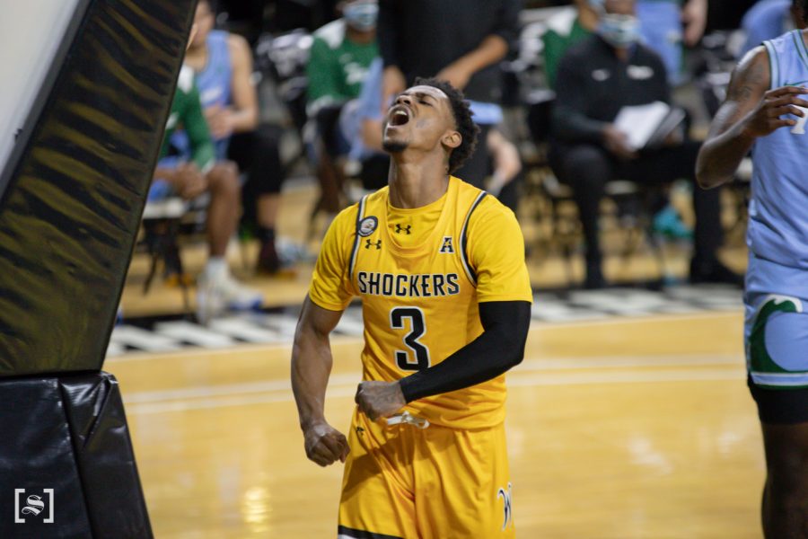 Wichita State redshirt senior Alterique Gilbert celebrates after getting an And-1 during the game against Tulane at Charles Koch Arena on Feb. 3.