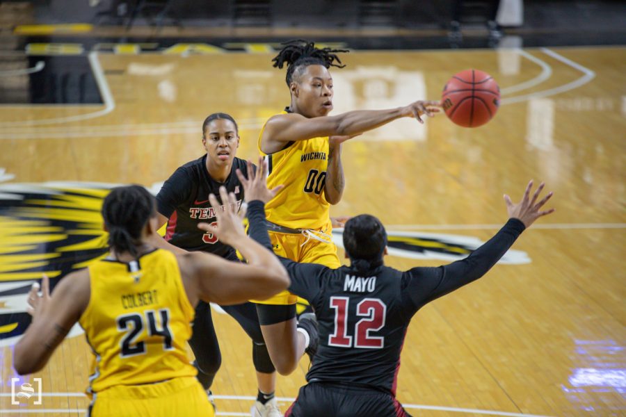 Wichita State junior Asia Strong makes a pass during the game against Temple on Feb. 5 at Koch Area.